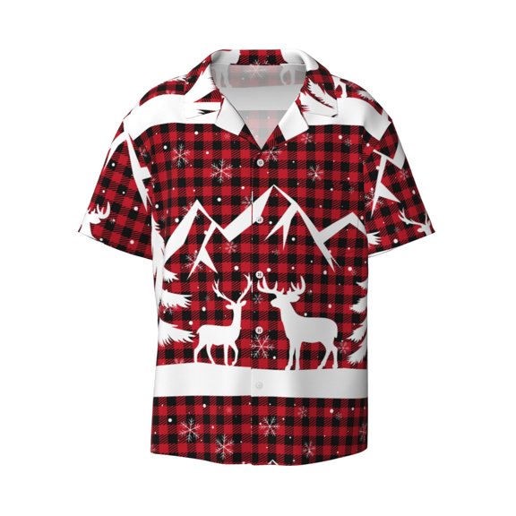 Fotbe Christmas Buffalo Plaid print Short Sleeve Button Down Shirts for Men Casual Summer Beach Wrinkle Free Shirt-Small