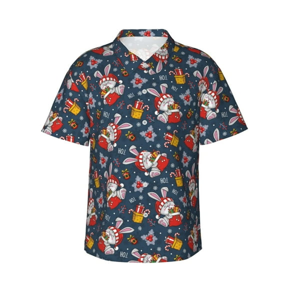 Fotbe Christmas Bunny A Hawaiian Shirt for Men Unisex Summer Beach Casual Short Sleeve Cotton Linen Button Down Shirts-3X-Large