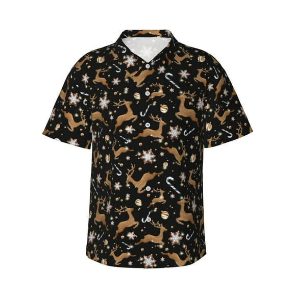 Fotbe Christmas Cookie Reindeer Hawaiian Shirt for Men Unisex Summer Beach Casual Short Sleeve Cotton Linen Button Down Shirts-Medium