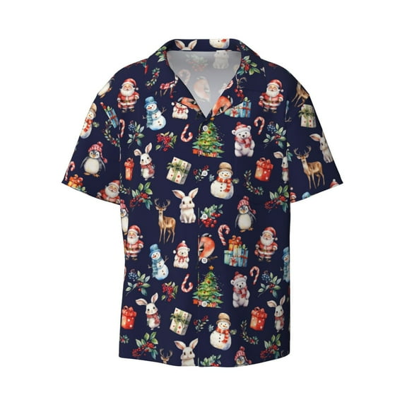 Fotbe Christmas Critters Delight print Short Sleeve Button Down Shirts for Men Casual Summer Beach Wrinkle Free Shirt-Large