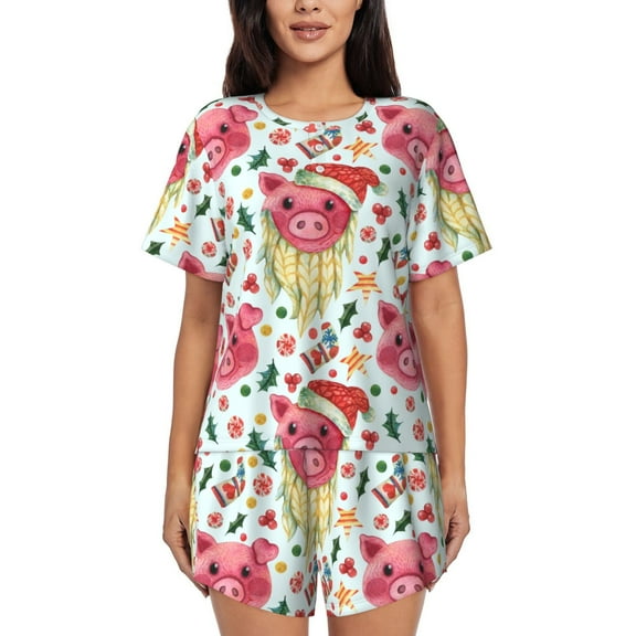 Fotbe Christmas Cute Pigs Print Pajama Set for Women 2 Piece Loungewear Short Sleeve Tops and Shorts Set Soft Sleepwear-Small