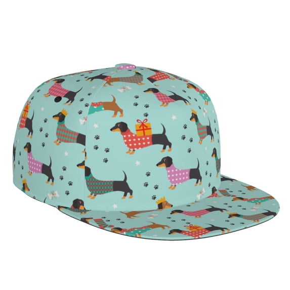 Fotbe Christmas Dachshund Flat Bill Visor Cap Classic Snapback Hat Polyester Foam Trucker Hat Trucker Cap Adjustable Baseball Cap