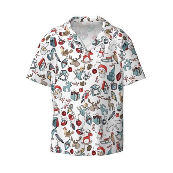 Fotbe Christmas Elements print Short Sleeve Button Down Shirts for Men Casual Summer Beach Wrinkle Free Shirt-Large