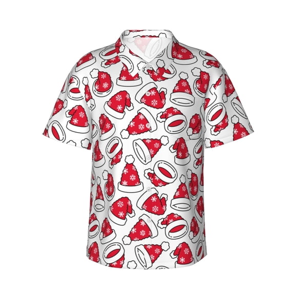 Fotbe Christmas Hat Hawaiian Shirt for Men Unisex Summer Beach Casual Short Sleeve Cotton Linen Button Down Shirts-3X-Large