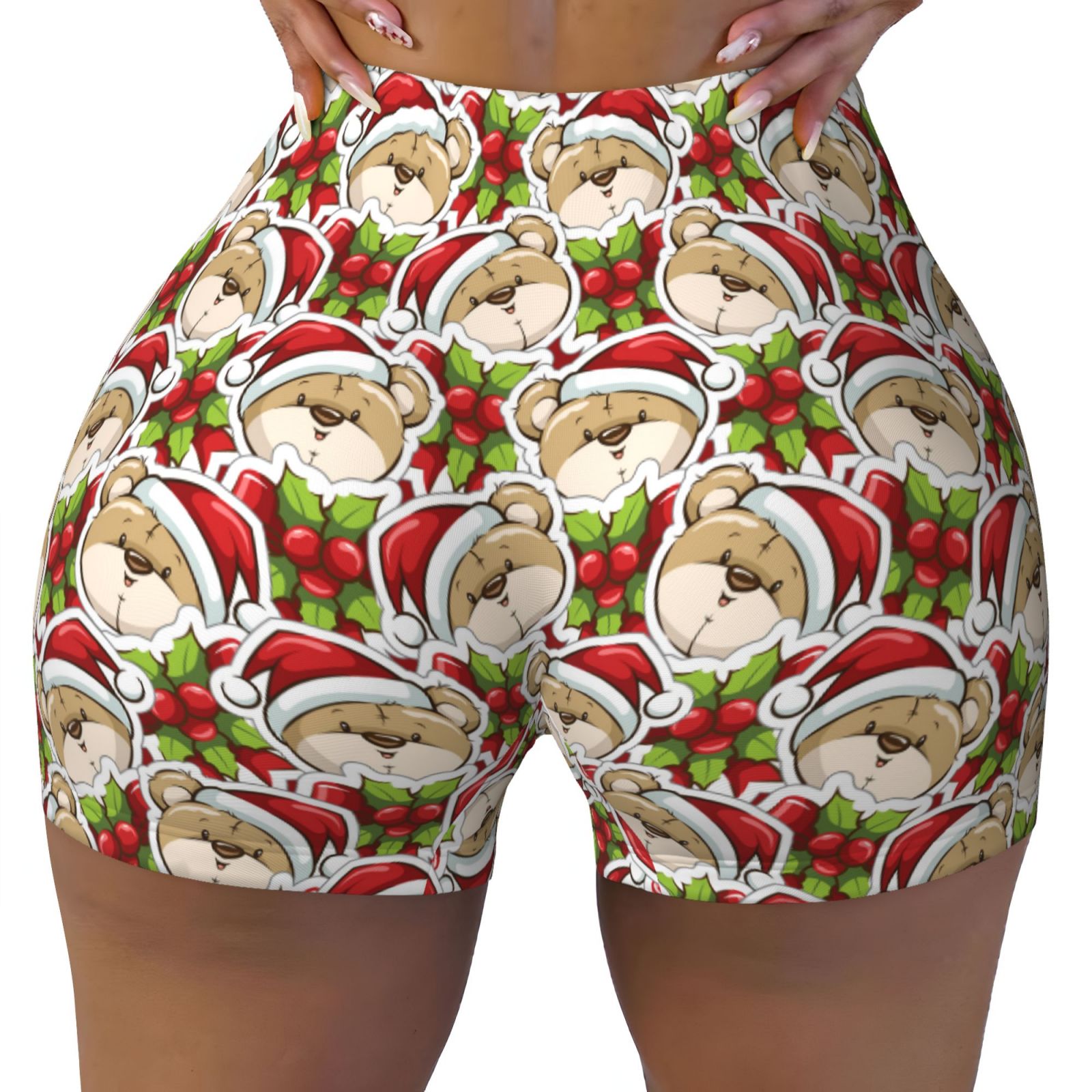Fotbe Christmas Hat bear Seamless Shorts, Womens Workout Shorts High