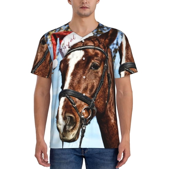 Fotbe Christmas Horse Baseball Jersey Shirt for Men and Women, Casual Short Sleeves Button Down T-Shirt-4X-Large