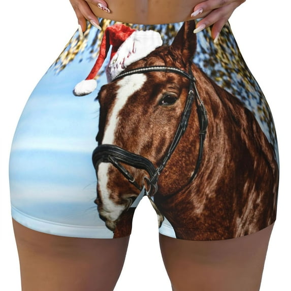 Fotbe Christmas Horse Seamless Shorts, Womens Workout Shorts High Waist Stretch Booty Short for Gym/Yoga/Running/Biking-Small