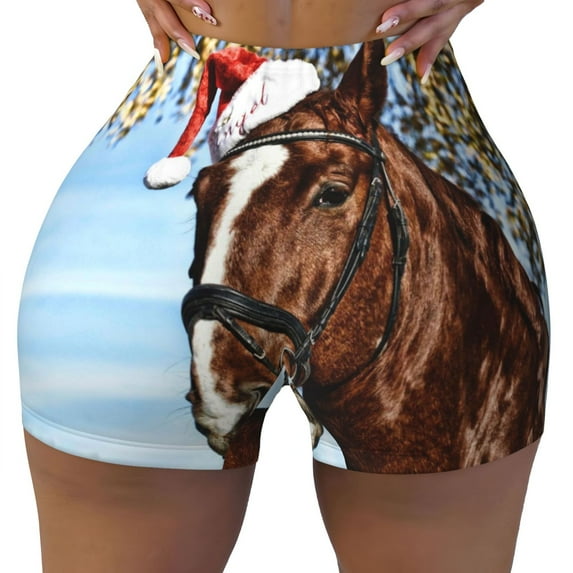 Fotbe Christmas Horse Seamless Shorts, Womens Workout Shorts High Waist Stretch Booty Short for Gym/Yoga/Running/Biking-XX-Large
