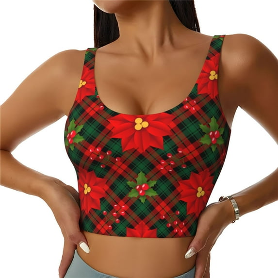 Fotbe Christmas Plaid Flower Pattern Womens' Sports Bra Longline Wirefree Padded with Medium Support Sports Moisture-Wicking Workou Vest,Tank Top-Medium