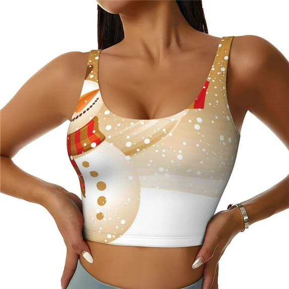 Fotbe Christmas Snowman Gift Pattern Womens' Sports Bra Longline Wirefree Padded with Medium Support Sports Moisture-Wicking Workou Vest,Tank Top-