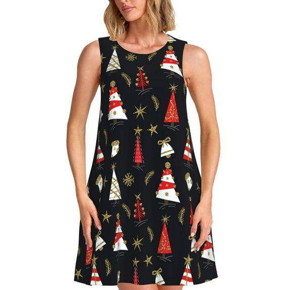 Fotbe Christmas Tree and Gold Socks Pattern Women’s Summer Tank Midi Dress – Sleeveless A-Line Dress, Floral T-Shirt Dress, Casual Flowing Beach Sundress