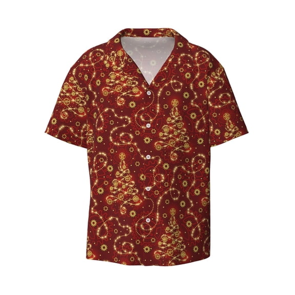 Fotbe Christmas Tree On A Red Background print Short Sleeve Button Down Shirts for Men Casual Summer Beach Wrinkle Free Shirt-3X-Large