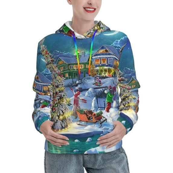 Fotbe Christmas Tree Pattern Womens Long Sleeve Hoodie, Pullover Hooded Sweatshirt, Kangaroo Pocket Hoodie with Eye-catching Drawstrings-Small