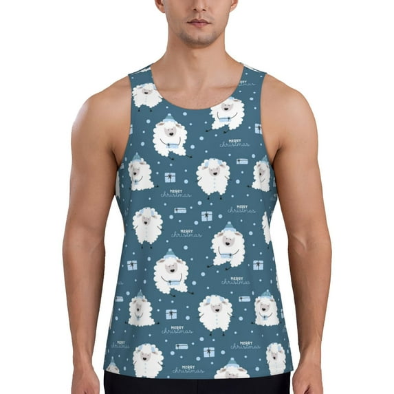 Fotbe Christmas sheep Pattern Men's Quick Dry Workout Tank Top Gym Muscle Tee Fitness Bodybuilding Sleeveless T Shirt Breathable Workout Shirt-X-Large