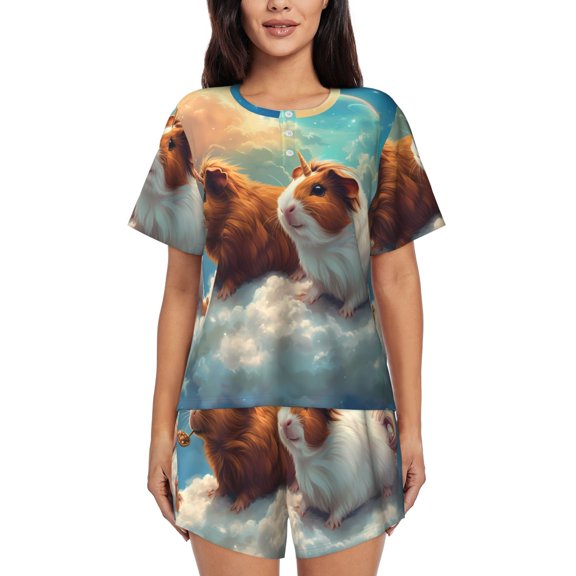 Fotbe Cloud Guinea Pig Print Pajama Set for Women 2 Piece Loungewear Short Sleeve Tops and Shorts Set Soft Sleepwear-Small