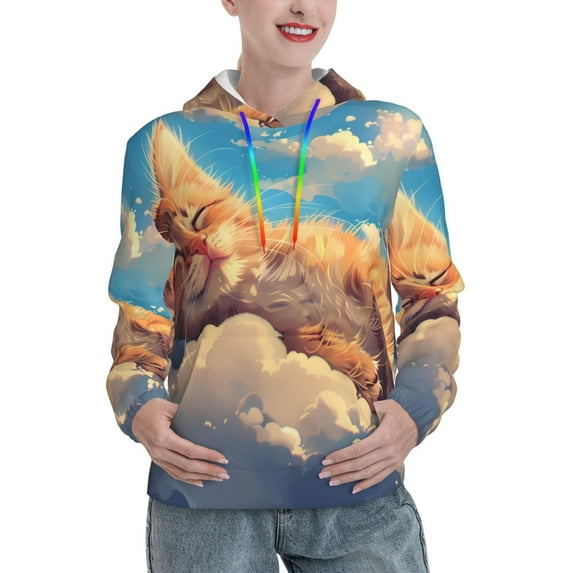 Fotbe Cloud Sleeping Cat Pattern Womens Long Sleeve Hoodie, Pullover Hooded Sweatshirt, Kangaroo Pocket Hoodie with Eye-catching Drawstrings-XX-Large