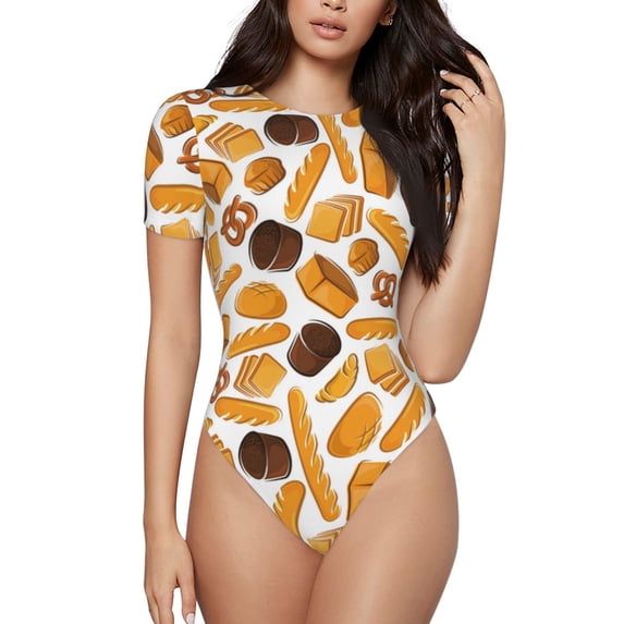 Fotbe Coffee Bun Hot Dog Women's Crew Neck Short Sleeves Bodysuit Tops Round Neck Slim Sleeveless Soft Comfortable Basic-Medium