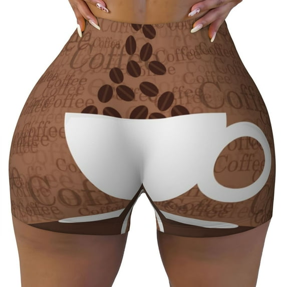 Fotbe Coffee Cafe Cup Seamless Shorts, Womens Workout Shorts High Waist Stretch Booty Short for Gym/Yoga/Running/Biking-X-Large