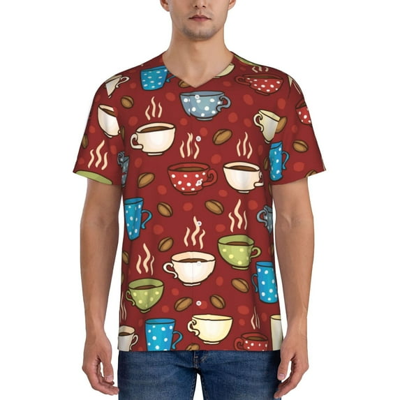 Fotbe Coffee Cups Baseball Jersey Shirt for Men and Women, Casual Short Sleeves Button Down T-Shirt-Small