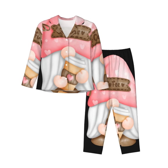 Fotbe Coffee Gnome (1) Pattern Long Sleeve Pajama Set for Women,Sleepwear Set,2-piece Loungewear Set,Soft PJs Comfy Nightwear with Pockets -