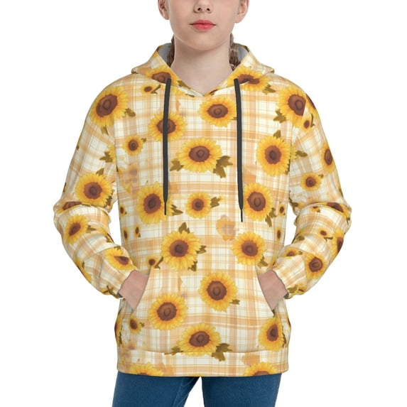 Fotbe Coffee Plaid Sunflower Pattern Youth Pullover Hooded Sweatshirt, Boys Hoodie, Kangaroo Pocket Hoodie for Kids Girls -Small