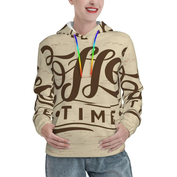 Fotbe Coffee Time (2) Pattern Womens Long Sleeve Hoodie, Pullover Hooded Sweatshirt, Kangaroo Pocket Hoodie with Eye-catching Drawstrings-