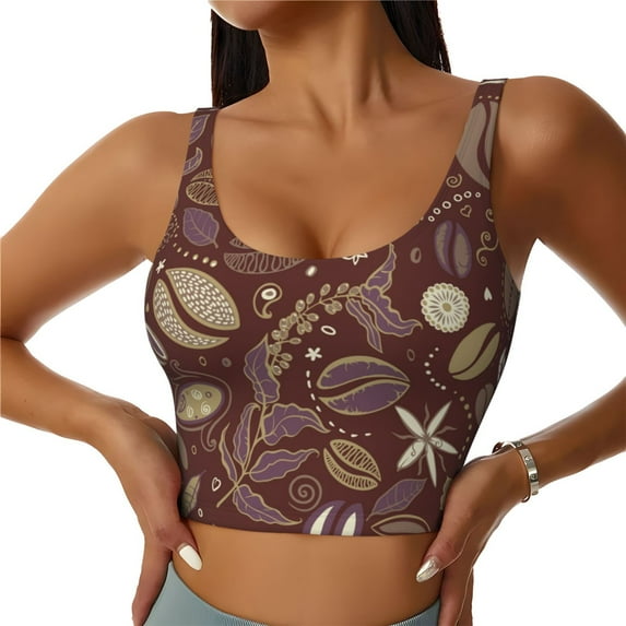 Fotbe Coffee and Flowers Pattern Womens' Sports Bra Longline Wirefree Padded with Medium Support Sports Moisture-Wicking Workou Vest,Tank Top-Small