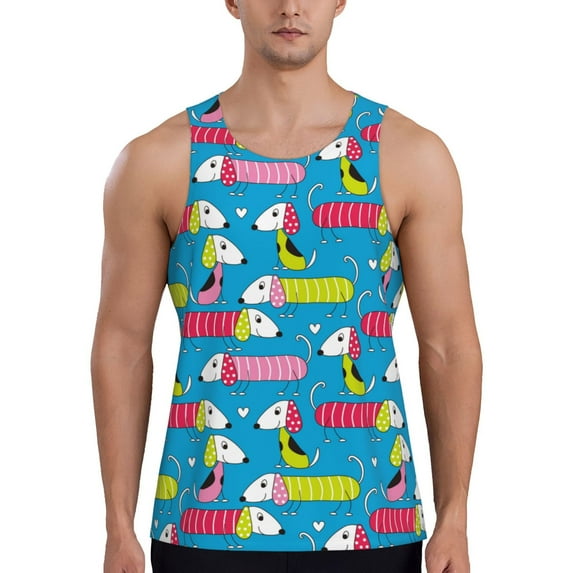 Fotbe Color Dachshund Dog Pattern Men's Quick Dry Workout Tank Top Gym Muscle Tee Fitness Bodybuilding Sleeveless T Shirt Breathable Workout Shirt-