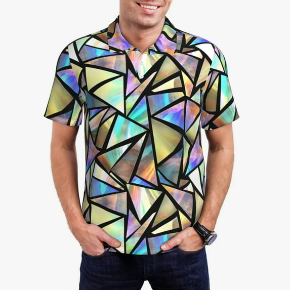 Fotbe Colored Glass Pattern Men’s Golf Polo Shirt – Breathable Performance Golf Shirt with Button-Down Collar-X-Large