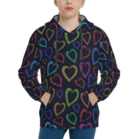 Fotbe Colored Hearts Pattern Youth Pullover Hooded Sweatshirt, Boys Hoodie, Kangaroo Pocket Hoodie for Kids Girls -Large