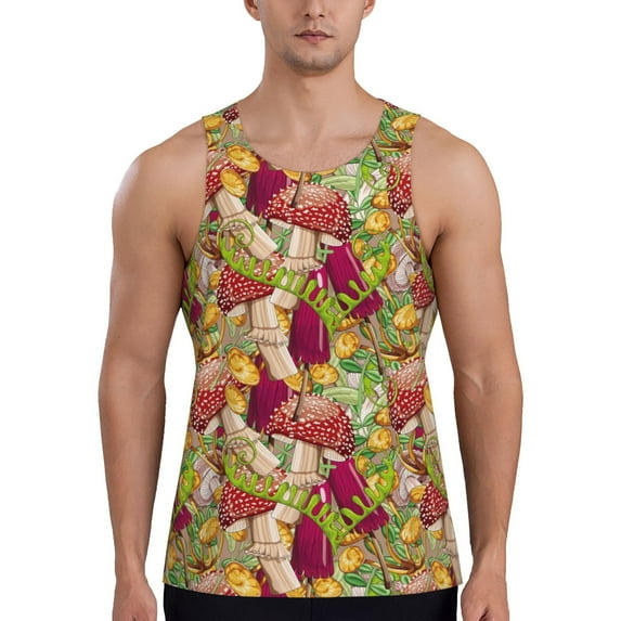 Fotbe Colored Large Mushrooms and Leaves Pattern Men's Quick Dry Workout Tank Top Gym Muscle Tee Fitness Bodybuilding Sleeveless T Shirt Breathable Workout Shirt-