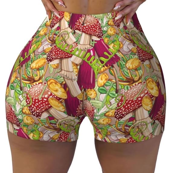 Fotbe Colored Large Mushrooms and Leaves Seamless Shorts, Womens Workout Shorts High Waist Stretch Booty Short for Gym/Yoga/Running/Biking-