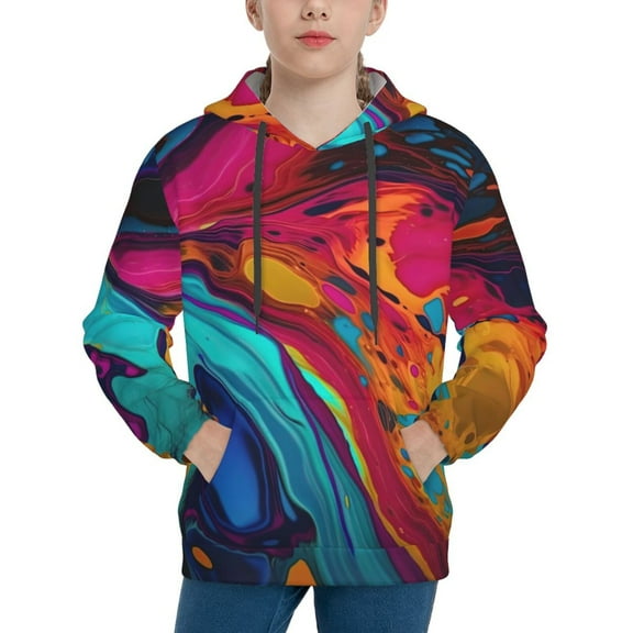 Fotbe Colorful Abstract Swirls Pattern Youth Pullover Hooded Sweatshirt, Boys Hoodie, Kangaroo Pocket Hoodie for Kids Girls -X-Large