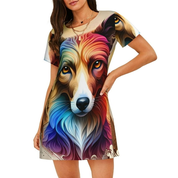 Fotbe Colorful Art Dog Pattern Women's Cotton Nightgown Sleepwear Short Sleeves Shirt Casual Print Sleepdress