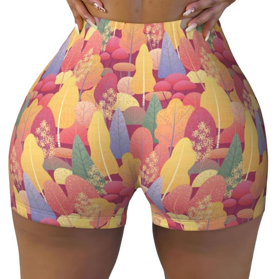 Fotbe Colorful Autumn Forest Trees Seamless Shorts, Womens Workout Shorts High Waist Stretch Booty Short for Gym/Yoga/Running/Biking-XX-Large