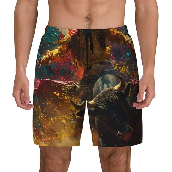 Fotbe Colorful Bull Western Man Men’s Swim Trunks Quick Dry Swim Shorts Board Shorts with Mesh Lining-Large