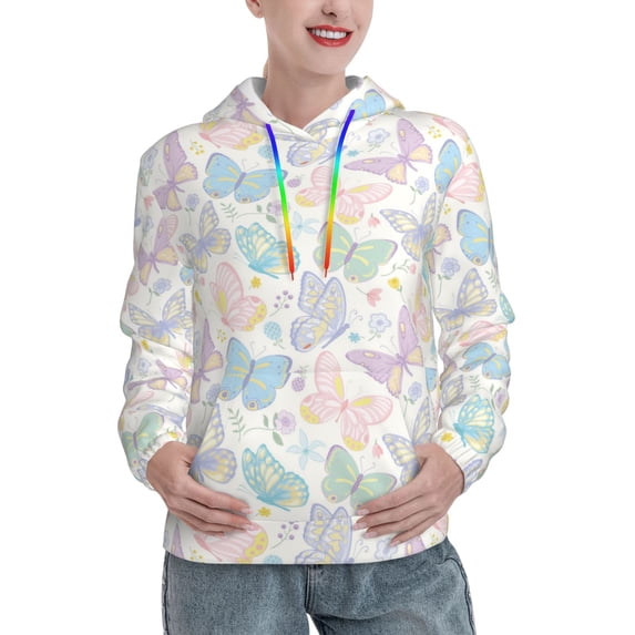 Fotbe Colorful Butterfly Pattern Womens Long Sleeve Hoodie, Pullover Hooded Sweatshirt, Kangaroo Pocket Hoodie with Eye-catching Drawstrings-X-Large