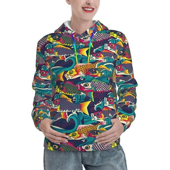 Fotbe Colorful Carp Streamer Pattern Womens Long Sleeve Hoodie, Pullover Hooded Sweatshirt, Kangaroo Pocket Hoodie with Eye-catching Drawstrings-Large