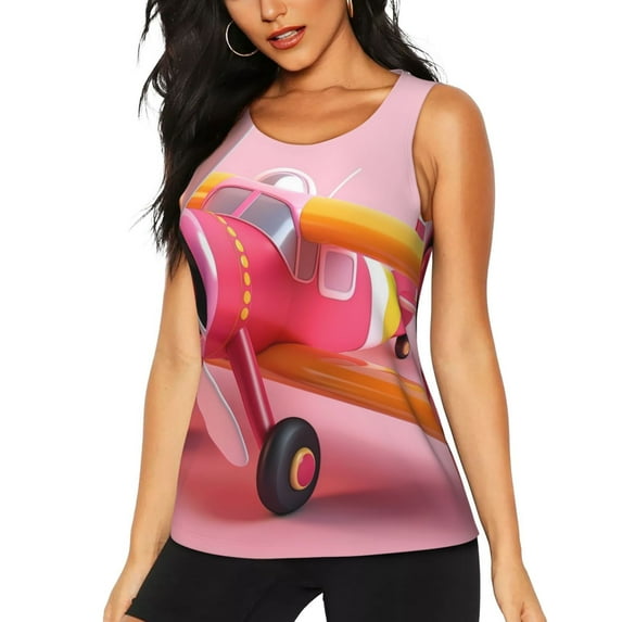 Fotbe Colorful Cartoon Biplane Womens Loose Fit Casual Flowy Slim-Fit Tank Tops Athletic Round Neck Trendy Sleeveless Summer Tops for Gym and Yoga-Small