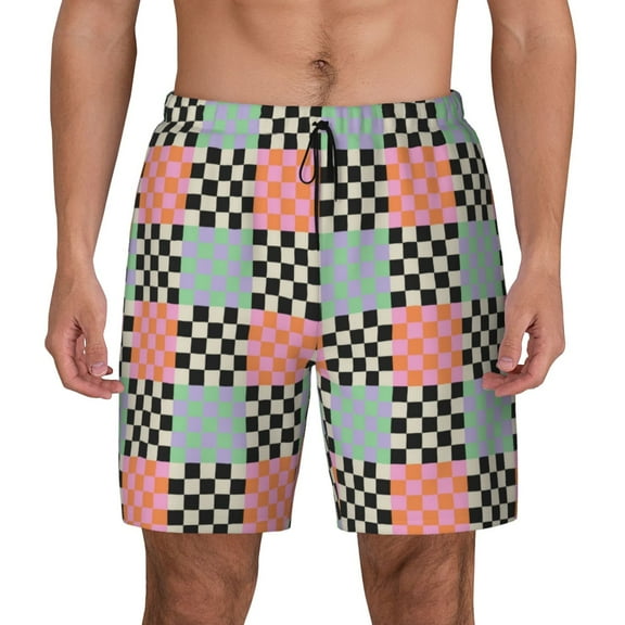 Fotbe Colorful Checkered Men’s Swim Trunks Quick Dry Swim Shorts Board Shorts with Mesh Lining-Small