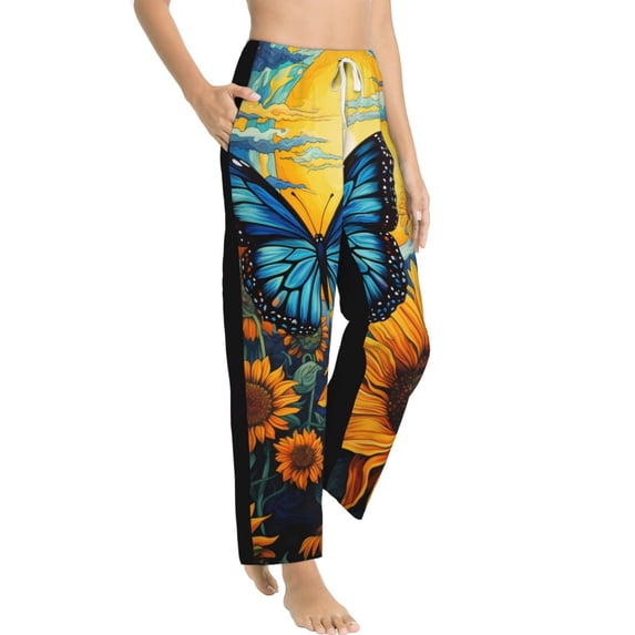 Fotbe Colorful Cloud Butterfly Sunflower Women's Pajama Pants,Sleepwear Pants,Pj Bottoms Drawstring And Pockets-Large