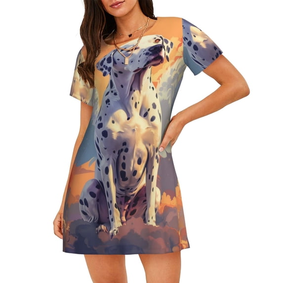 Fotbe Colorful Cloud Spotted Dog Pattern Women's Cotton Nightgown Sleepwear Short Sleeves Shirt Casual Print Sleepdress