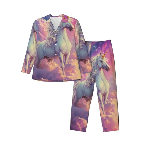 Fotbe Colorful Cloud White Horse Pattern Long Sleeve Pajama Set for Men,Sleepwear Set,2-piece Loungewear Set,Soft PJs Comfy Nightwear with Pockets-X-Large
