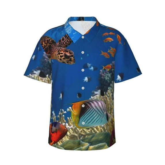 Fotbe Colorful Coral Reef Hawaiian Shirt For Men Unisex Summer Beach Casual Short Sleeve Cotton Linen Button Down Shirts-X-Large