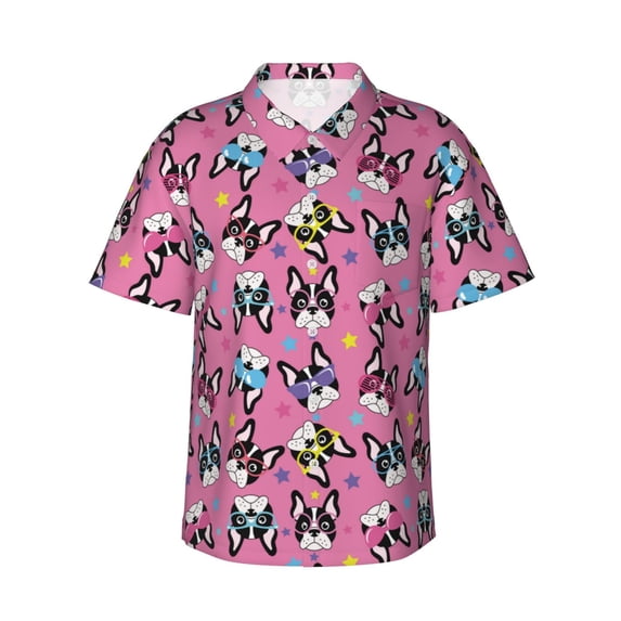 Fotbe Colorful Cute French Bulldog Hawaiian Shirt for Men Unisex Summer Beach Casual Short Sleeve Cotton Linen Button Down Shirts-XX-Large