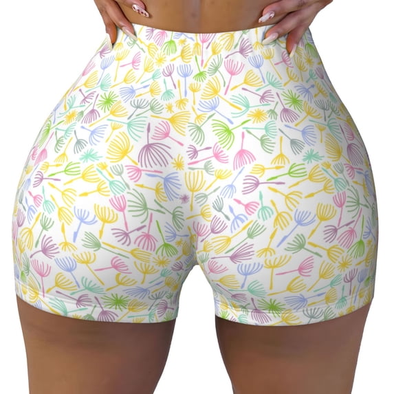 Fotbe Colorful Dandelion Seamless Shorts, Womens Workout Shorts High Waist Stretch Booty Short for Gym/Yoga/Running/Biking-X-Large
