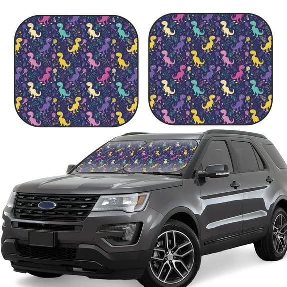 Fotbe Colorful Dinosaur 2-Piece Car Windshield Sun Shade | Sun Blocker for Car Windshield | Foldable Automotive Interior Accessories for Sun Protection-Large