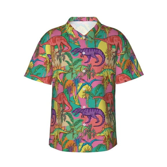 Fotbe Colorful Dinosaur Hawaiian Shirt for Men Unisex Summer Beach Casual Short Sleeve Cotton Linen Button Down Shirts-Large