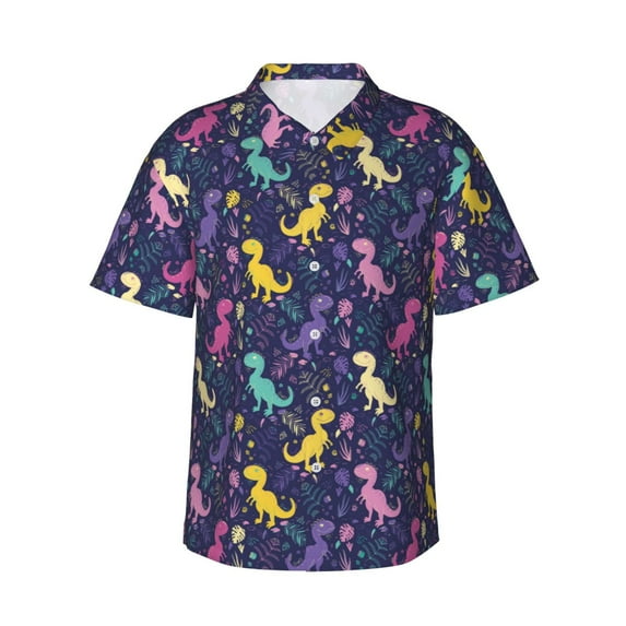 Fotbe Colorful Dinosaur Hawaiian Shirt for Men Unisex Summer Beach Casual Short Sleeve Cotton Linen Button Down Shirts-Small