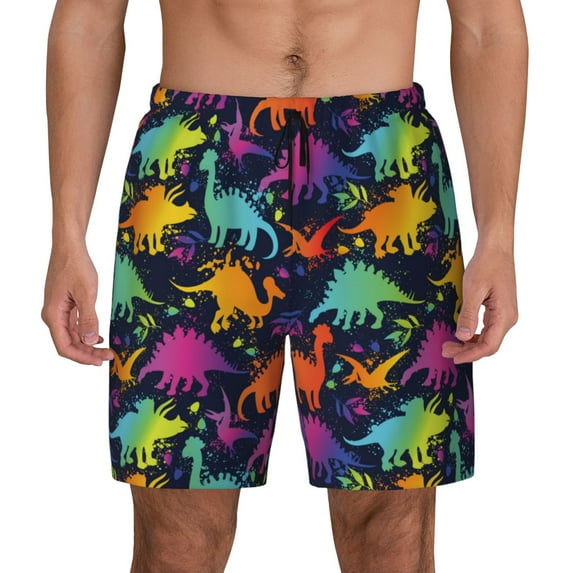 Fotbe Colorful Dinosaur Men’s Swim Trunks Quick Dry Swim Shorts Board Shorts with Mesh Lining-Large